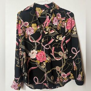 New York & Company Black and Pink Floral Chain Blouse Size Medium